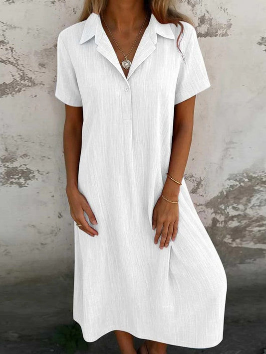 CD | Rochie midi pentru femei - Croială relaxată - Fermoar cu nasturi - Fibre naturale moi - Mâneci scurte