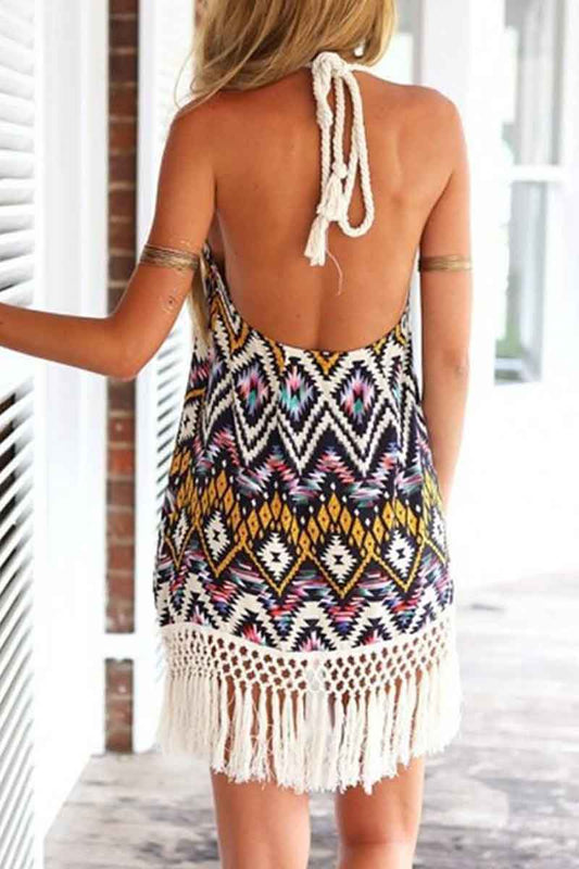 CD | Rochie mini cu imprimeu tribal și decolteu cu franjuri