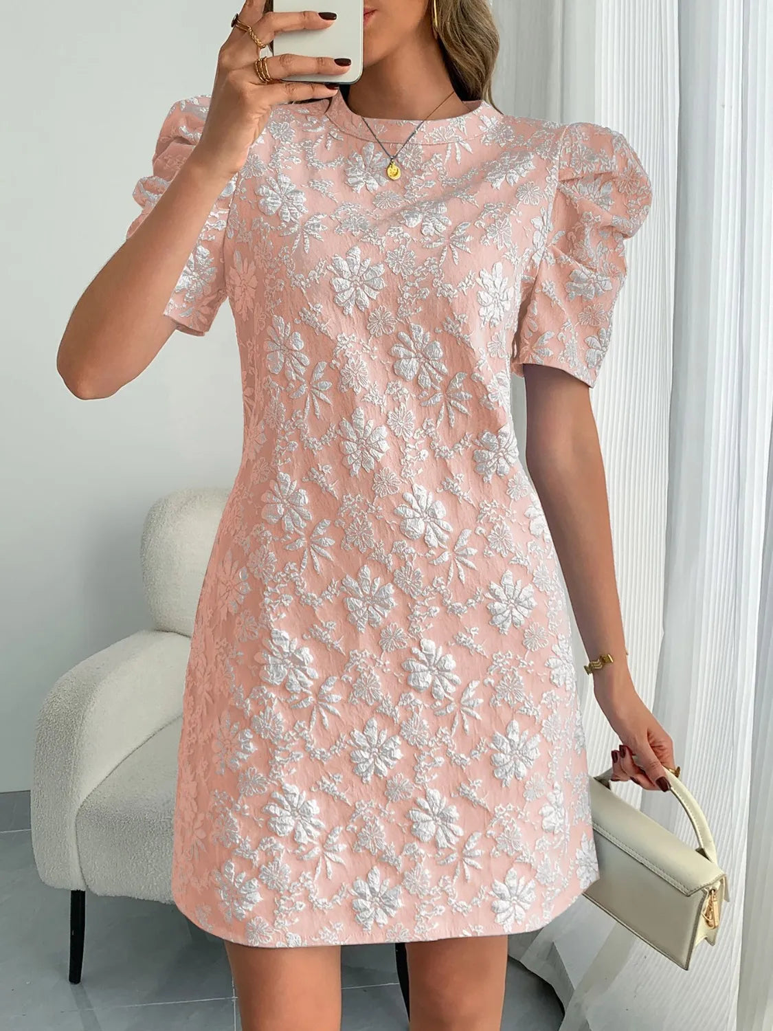 CD | Gât rotund puffy cu mânecă scurtă rochie mini