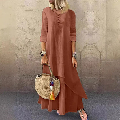 CD | Rochie midi de damă - Ținută relaxată - Fibre naturale - Tiv asimetric - Mâneci 3/4