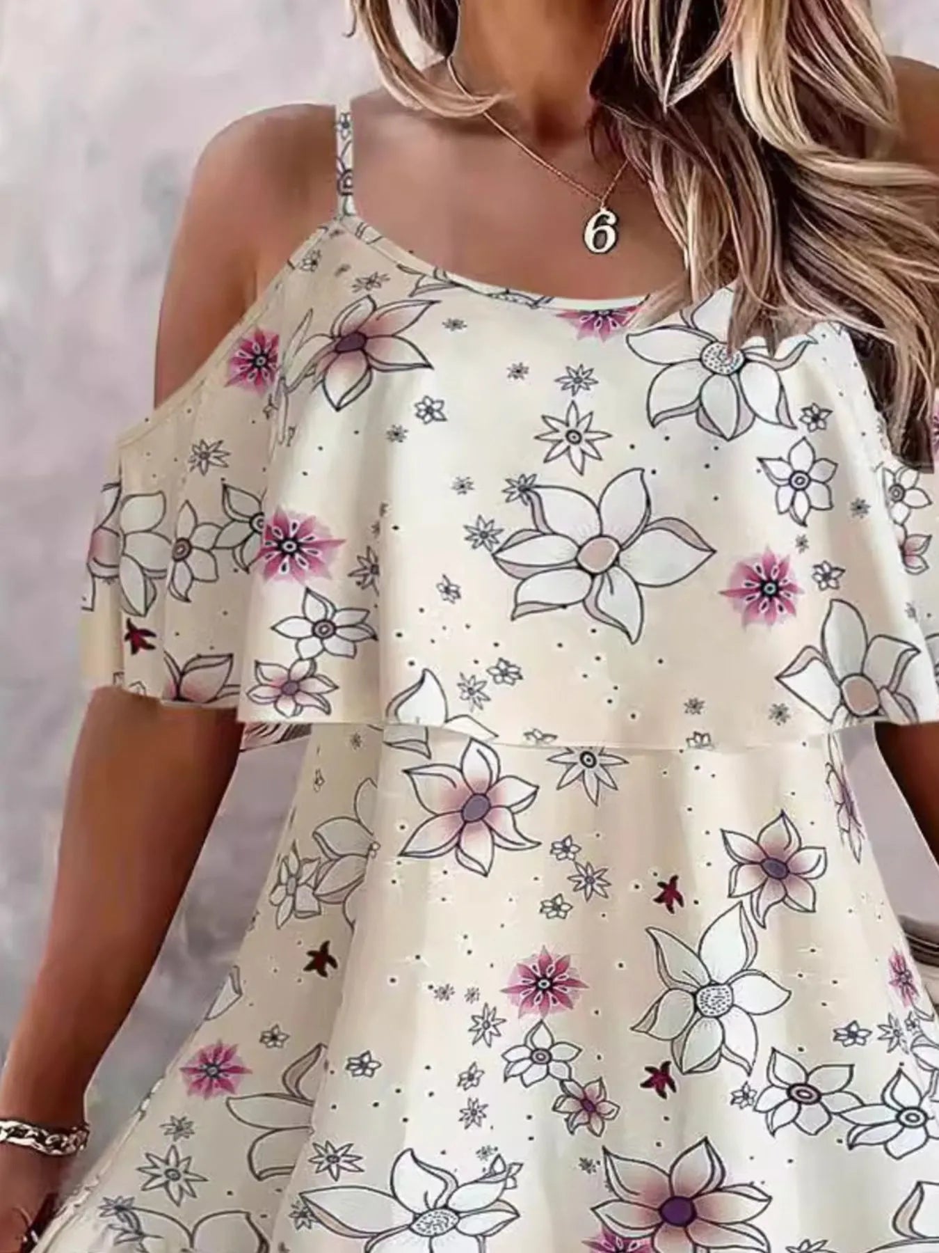 CD | Floral Cold Shoulder Ruffle Mini Rochie