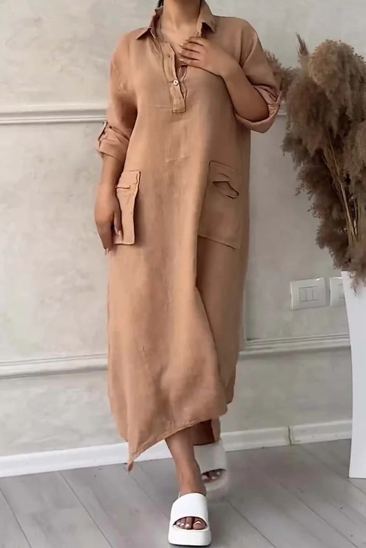 CD | Rochie maxi pentru femei din in și bumbac cu rever