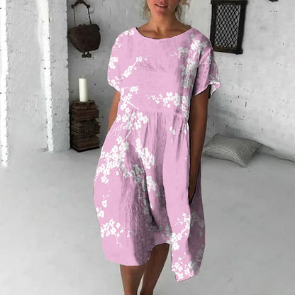 CD | Rochie midi pentru femei - Croială fluidă - Mâneci scurte - Imprimeu floral - Amestec respirabil