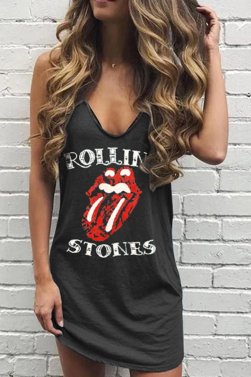 CD | Mini rochie albastră cu imprimare pe buze Rolling Stones
