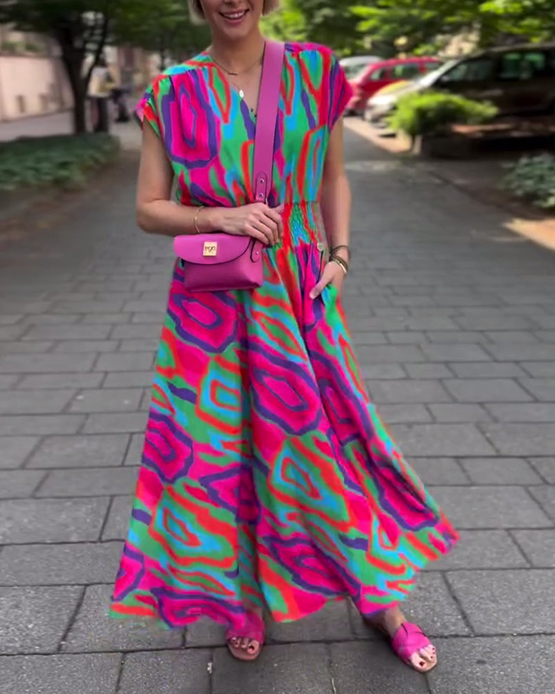 CD | Rochie lungă cu imprimeu colorat, decolteu în V și mâneci raglan