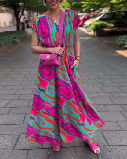 CD | Rochie lungă cu imprimeu colorat, decolteu în V și mâneci raglan