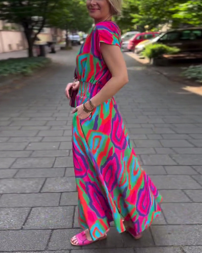 CD | Rochie lungă cu imprimeu colorat, decolteu în V și mâneci raglan