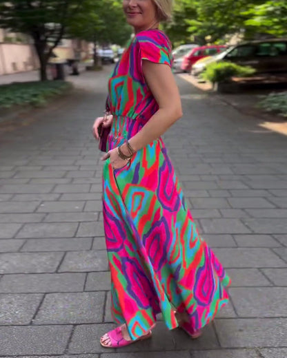 CD | Rochie lungă cu imprimeu colorat, decolteu în V și mâneci raglan