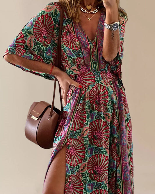 CD | Bohème Print V-Neck Dress Elegant Split glezna lungime rochie lungă