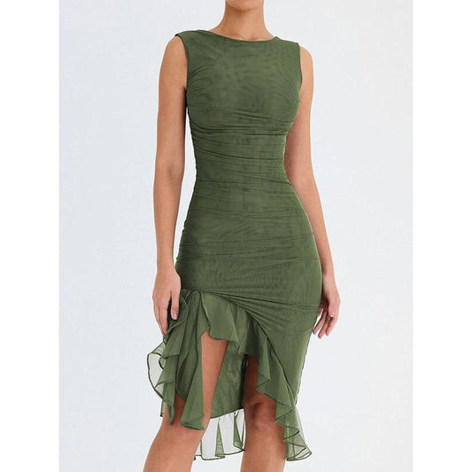 CD | Rochie midi elegantă fără spate cu volane