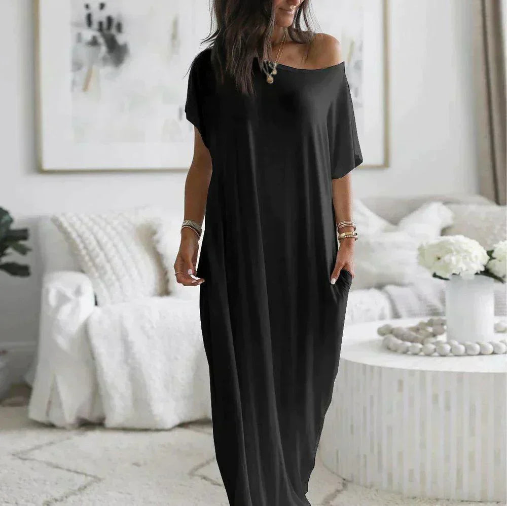 CD | Rochie maxi pentru femei - Material moale, ușor - Mâneci scurte - Ținută relaxată - Decolteu rotund - Fantă laterală - Buzunare