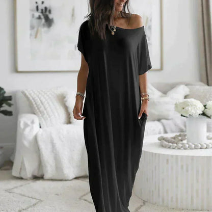 CD | Rochie maxi pentru femei - Material moale, ușor - Mâneci scurte - Ținută relaxată - Decolteu rotund - Fantă laterală - Buzunare