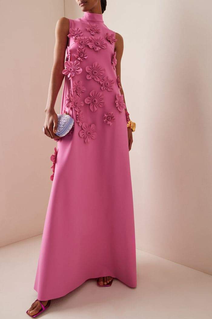 CD | Rochie maxi pentru femei - Material mătăsos - Croială relaxată - Aplicații florale 3D - Decolteu înalt
