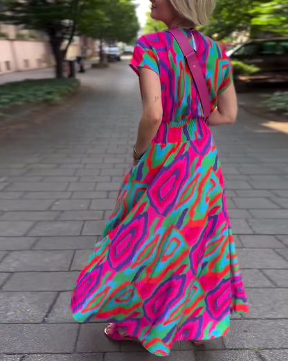 CD | Rochie lungă cu imprimeu colorat, decolteu în V și mâneci raglan