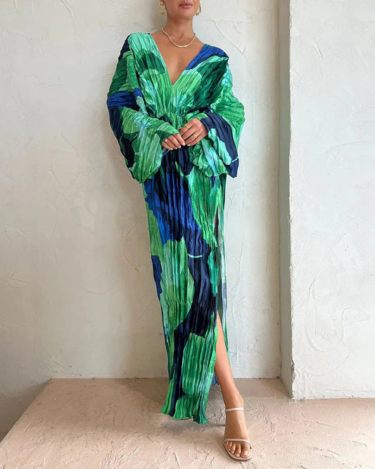 CD | Casual cu mânecă lungă plisată rochie lungă vrac Deep V Neck Holiday Beach Cover Ups