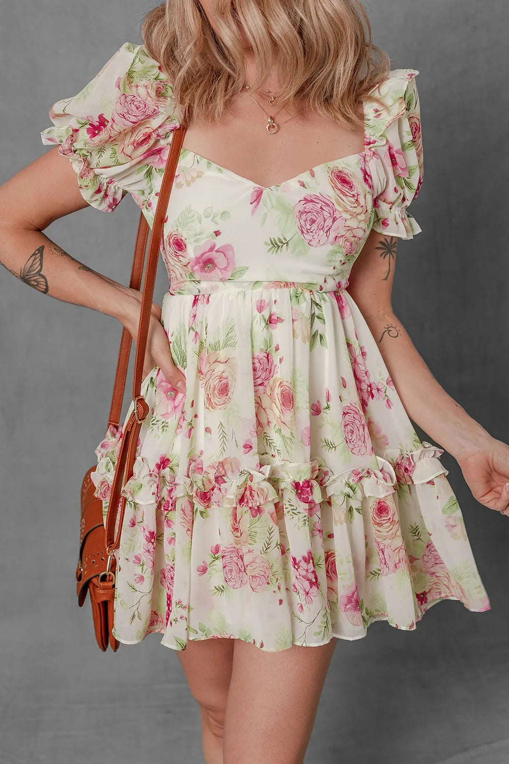 CD | Floral Bubble Sleeve Sweetheart gât Ruffle Mini rochie