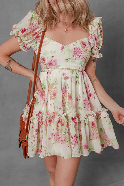 CD | Floral Bubble Sleeve Sweetheart gât Ruffle Mini rochie