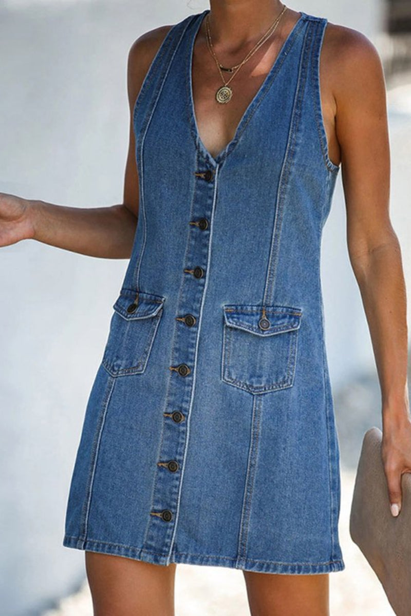 CD | V-Neck Open Back Denim Vest Mini Rochie