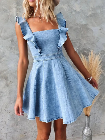 CD | Rochie mini din denim încrețită cu decolteu pătrat