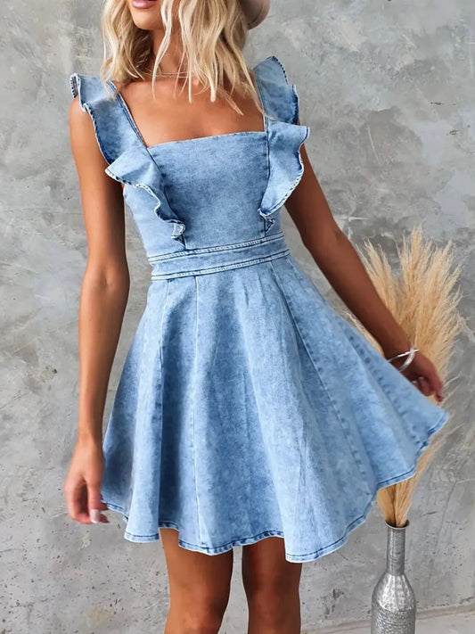 CD | Rochie mini din denim încrețită cu decolteu pătrat