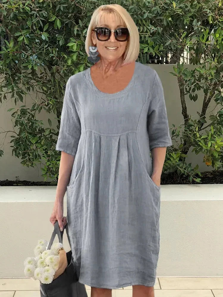 CD | Rochie midi pentru femei - Fibre naturale - Ținută relaxată - Decolteu rotund - Mâneci la cot - Buzunare