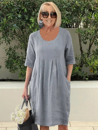 CD | Rochie midi pentru femei - Fibre naturale - Ținută relaxată - Decolteu rotund - Mâneci la cot - Buzunare