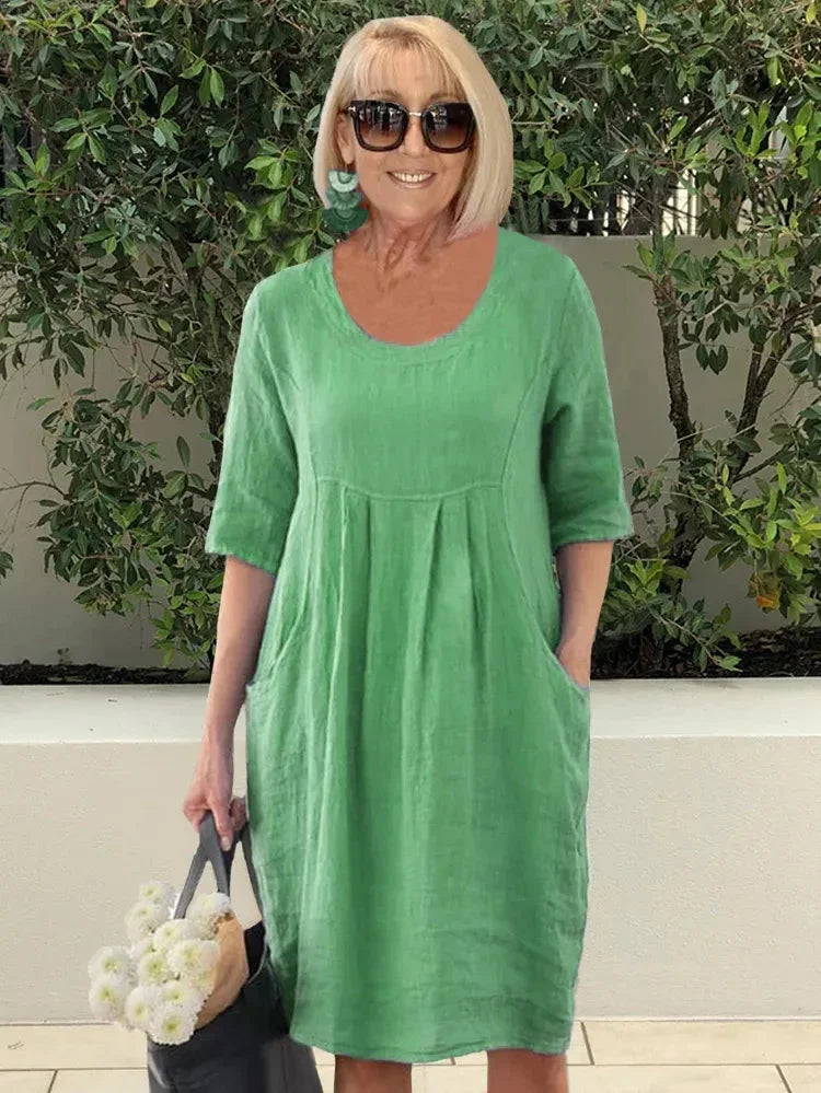 CD | Rochie midi pentru femei - Fibre naturale - Ținută relaxată - Decolteu rotund - Mâneci la cot - Buzunare