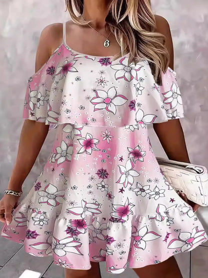 CD | Floral Cold Shoulder Ruffle Mini Rochie