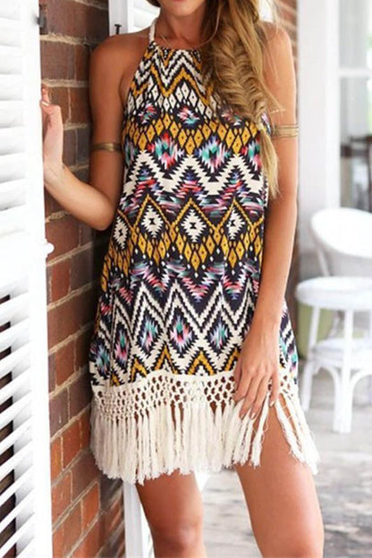 CD | Rochie mini cu imprimeu tribal și decolteu cu franjuri