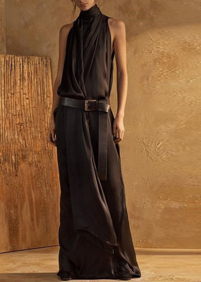 CD | Negru Elegant Unicolor decolteu înalt fără mâneci vrac Maxi Tank rochie