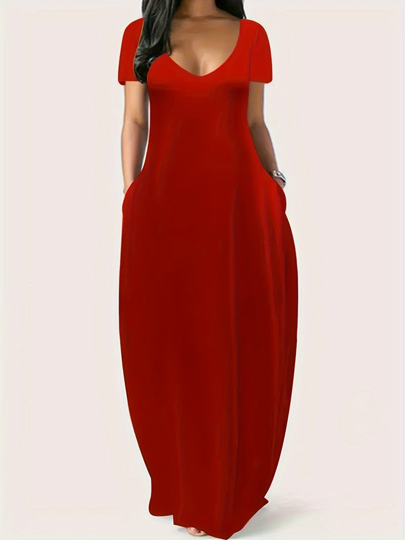 CD | Rochie maxi pentru femei - Croială fluidă - Decolteu în V - Mâneci scurte - Lightweight cu buzunare
