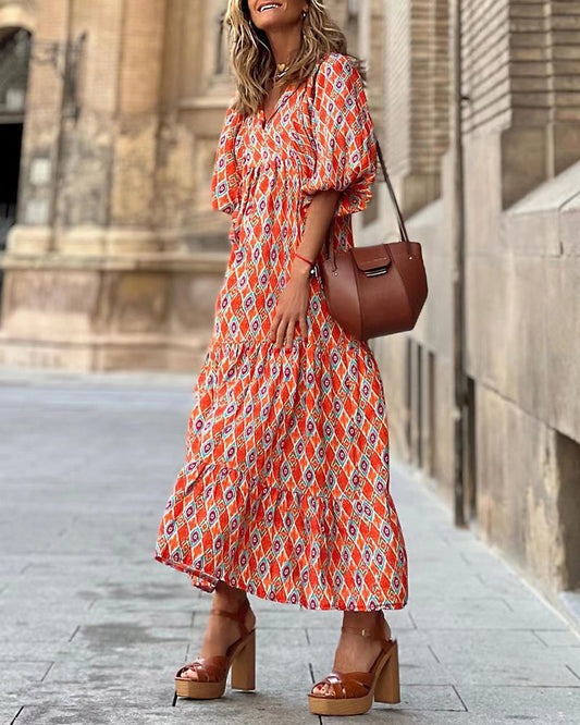 CD | respirabil Lantern Sleeve florale imprimare rochie lungă vrac V-Neck moda vara plaja rochie