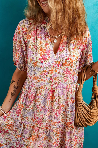 CD | Rochie mini floral cu mâneci bufante crestate