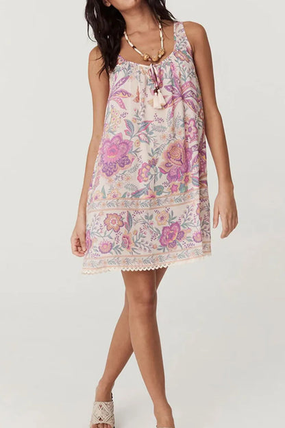 CD | Multicolor Floral Tie Neck Rochie mini fără mâneci