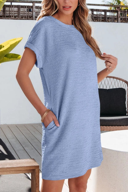 CD | Culoare solidă texturată Crinkle Rochie tricou cu mânecă scurtă