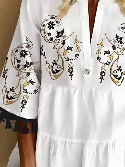 CD | Rochie mini cu franjuri, cu imprimeu floral și decolteu în V