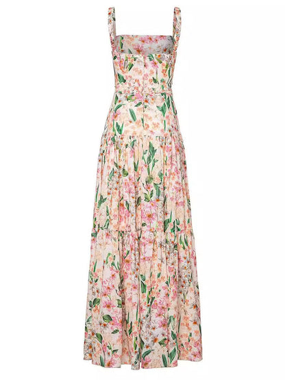 CD | Rochie maxi cu dungi florale cu talie smocked pentru femei - Romantic stil de vară