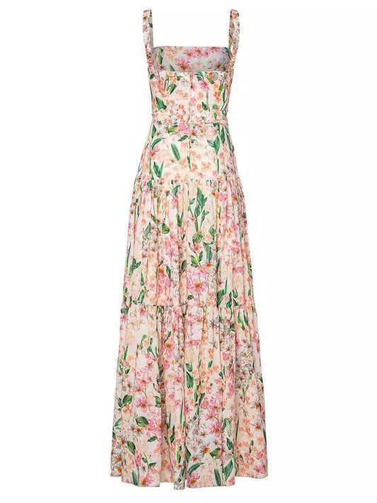 CD | Rochie maxi cu dungi florale cu talie smocked pentru femei - Romantic stil de vară