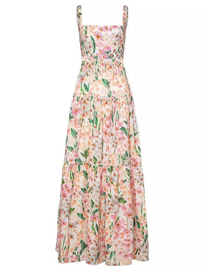 CD | Rochie maxi cu dungi florale cu talie smocked pentru femei - Romantic stil de vară
