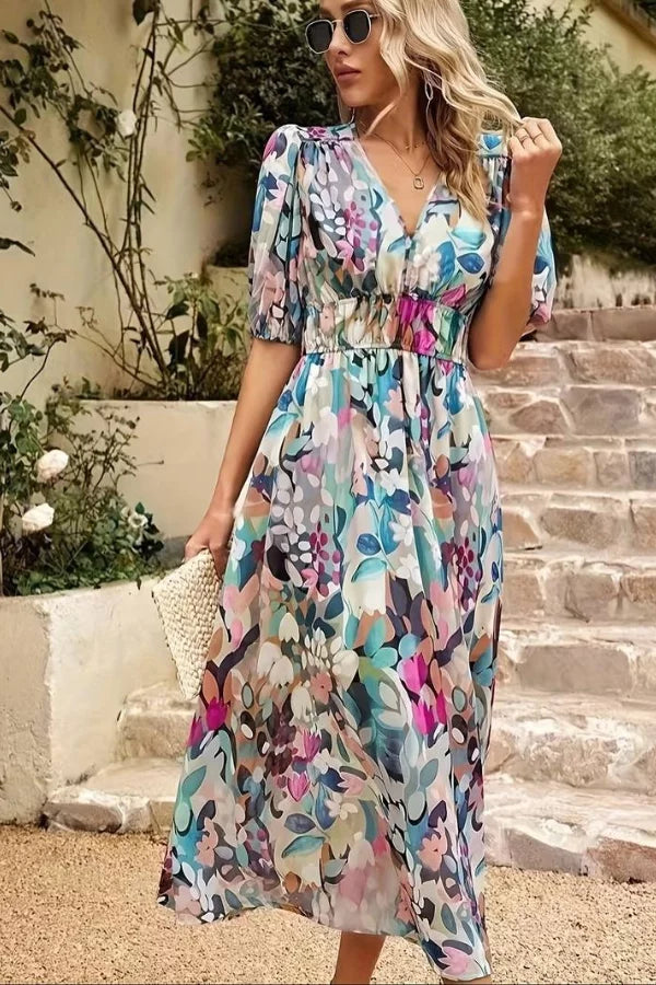 CD | Rochie midi pentru femei - Croială fluidă - Decolteu în V - Mâneci bufante - Talie elastică - Imprimeu floral