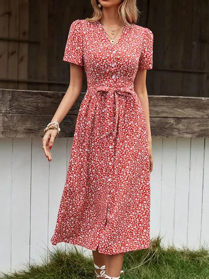 CD | Rochie midi cu model floral și aspect înfășurat
