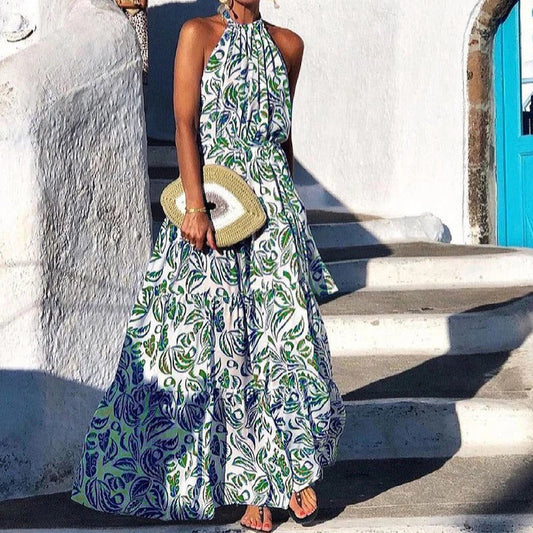CD | Rochie maxi de damă - croială fluidă - guler tip halterneck - fustă cu dungi - imprimeu floral