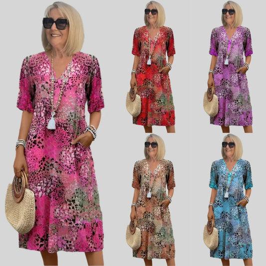 CD | Rochie midi pentru femei - croială relaxată - decolteu în V - mâneci scurte - cu buzunare