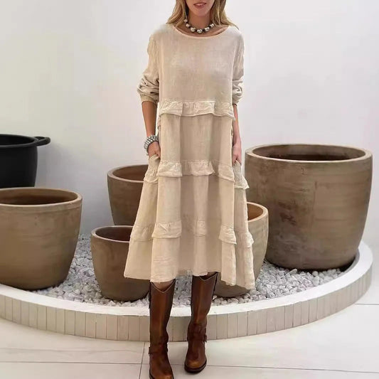 CD | Rochie maxi pentru femei - lenjerie de pat - croială în formă de A - mâneci încrețite - cu cravată, stil simplu