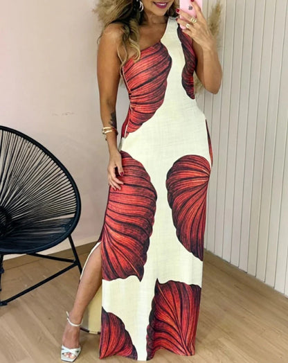 CD | Rochie maxi pentru femei - slim fit - amestec de bumbac - fără mâneci - imprimeu cu frunze - fantă laterală