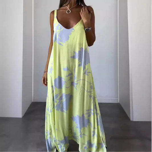 CD | Rochie maxi pentru femei - Imprimeu floral - Decolteu adânc în V - Ținută relaxată - Material ușor fluid