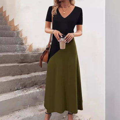 CD | Rochie maxi pentru femei - Amestec de bumbac - Top mulat - Decolteu în V - Colour block - Mâneci scurte