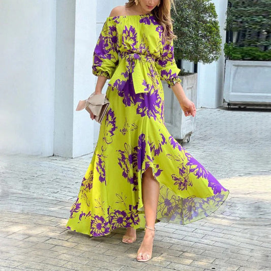 CD | Rochie maxi pentru femei - off-the-shoulder - mâneci bufante - cravată în talie - tiv asimetric