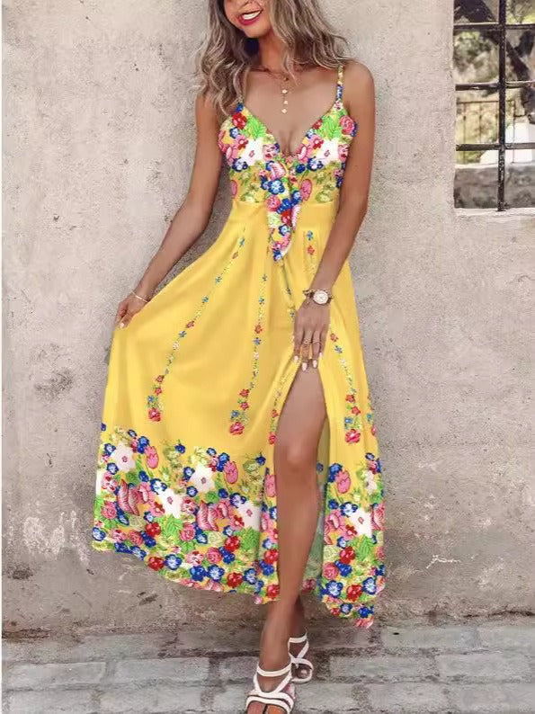 CD | Rochie maxi pentru femei - A-line - bretele spaghetti - decolteu în V - model floral - fantă în față