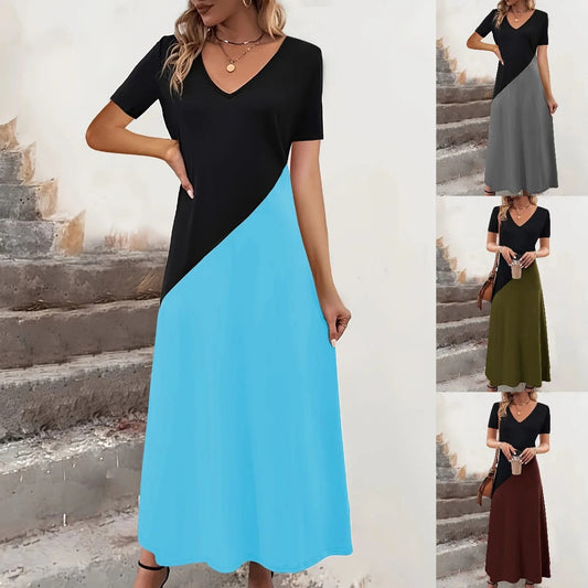 CD | Rochie maxi pentru femei - Amestec de bumbac - Top mulat - Decolteu în V - Colour block - Mâneci scurte